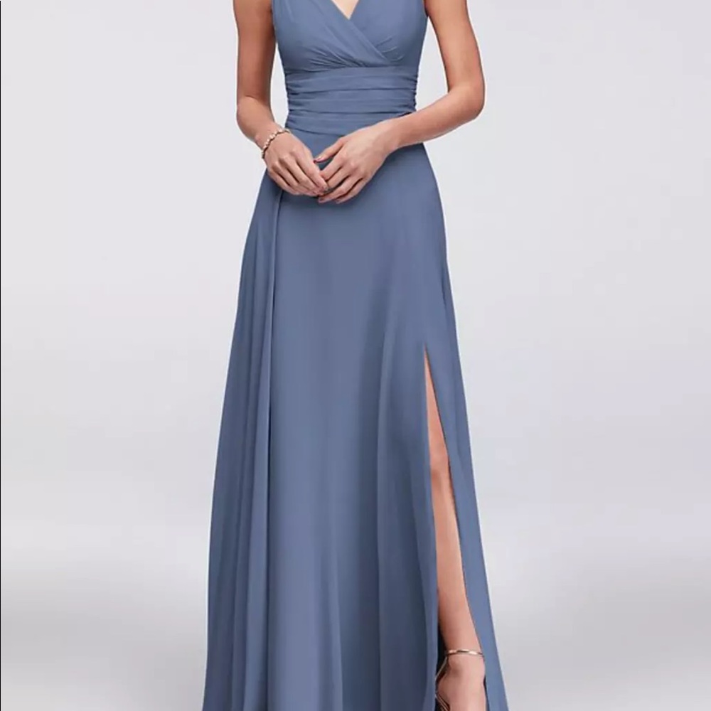 David's Bridal Surplice Tank Long Chiffon Bridesmaid Dress steel blue size 4